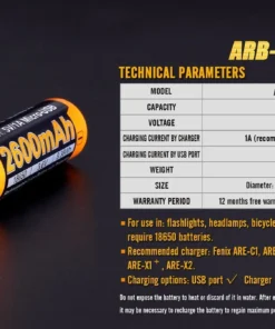 FENIX ARB-L18 2600U USB RECHARGEABLE LI-ION 18650 BATTERY