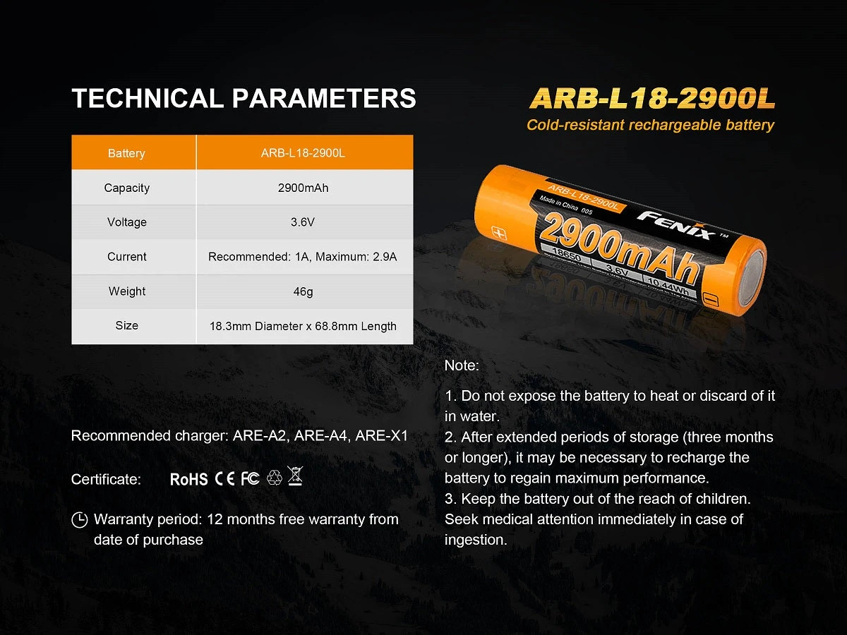 Fenix Lights FENIX ARB-L18 2900L COLD RESISTANT RECHARGEABLE 18650 BATTERY 9 Fenix Lights FENIX ARB-L18 2900L COLD RESISTANT RECHARGEABLE 18650 BATTERY