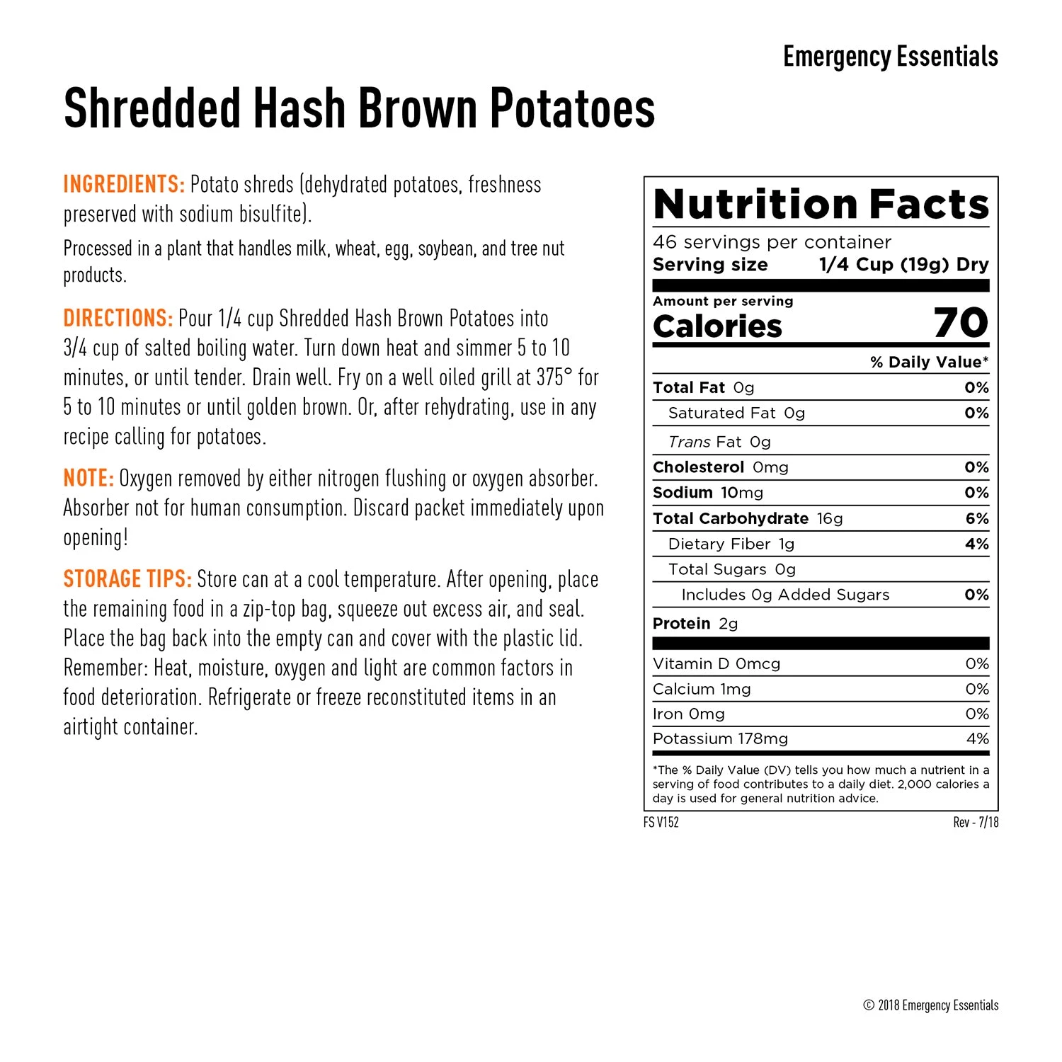 Emergency Essentials Hash Brown Potatoes - 879g Food & Food Storage 2 Emergency Essentials Hash Brown Potatoes - 879g Food & Food Storage