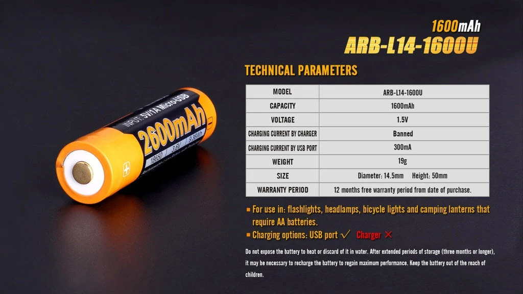 Fenix Lights Fenix ARB-L14 1600U 14500 1.5V Li-ion Build-In USB Charging Port Rechargeable Battery 8 Fenix Lights Fenix ARB-L14 1600U 14500 1.5V Li-ion Build-In USB Charging Port Rechargeable Battery