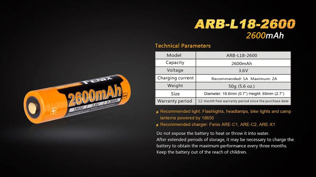 FENIX ARB-L18 2600 18650 LI-ION RECHARGEABLE BATTERY 7 FENIX ARB-L18 2600 18650 LI-ION RECHARGEABLE BATTERY