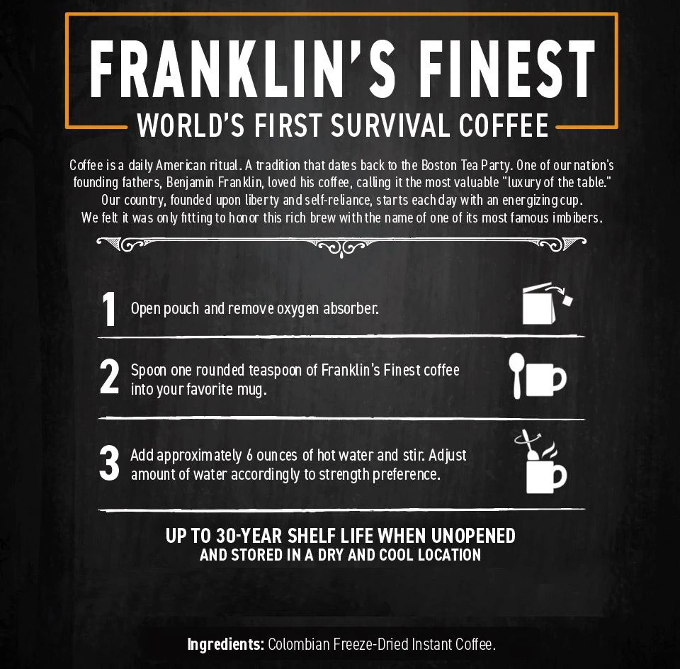 Franklin's Finest Survival Coffee (720 Servings, 1 Bucket) Food & Food Storage 8 Franklin's Finest Survival Coffee (720 Servings, 1 Bucket) Food & Food Storage