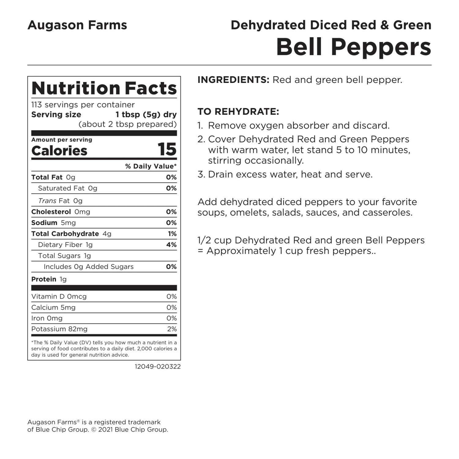 Augason Farms Dehydrated Diced Red & Green Bell Peppers 8 Augason Farms Dehydrated Diced Red & Green Bell Peppers